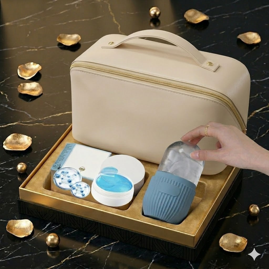 Groom&Glow™ The Complete Glow Kit – Ice Roller, Retinol Eye Mask & Carry Bag